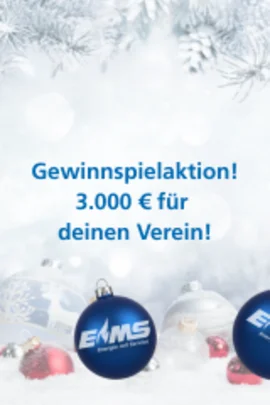Gewinnspielaktion EMS-Weihnachtsspende 2025 Gewinnspielaktion EMS-Weihnachtsspende 2025 - Winterliches Motiv im Hintergrund, im Vordergrund drei blaue Weihnachtskugeln mit EMS Logo