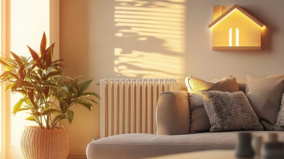 Ein eleganter, moderner Heizkörper, der sich nahtlos in ein Wohnzimmer mit warmer, neutraler Farbpalette einfügt und ein sanftes Licht verbreitet, das die behagliche Atmosphäre unterstreicht.